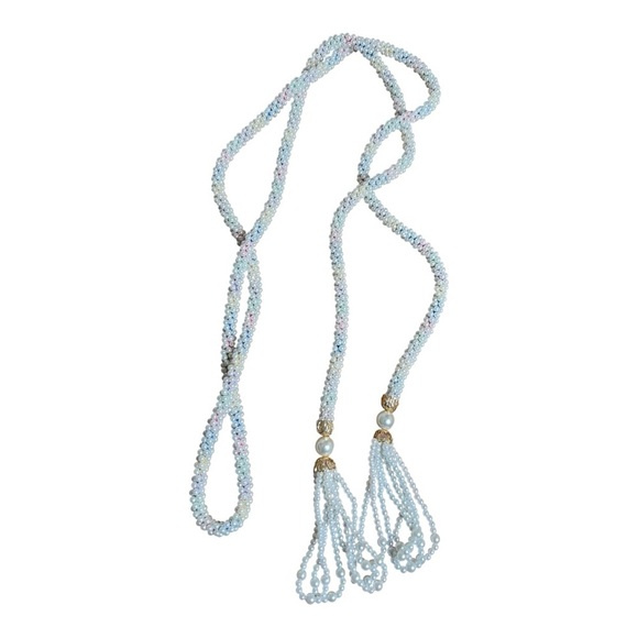 VTG Faux Pearl Beaded White Gold Rainbow Thread Tassel Strand Belt Sash Elegant - Picture 9 of 12